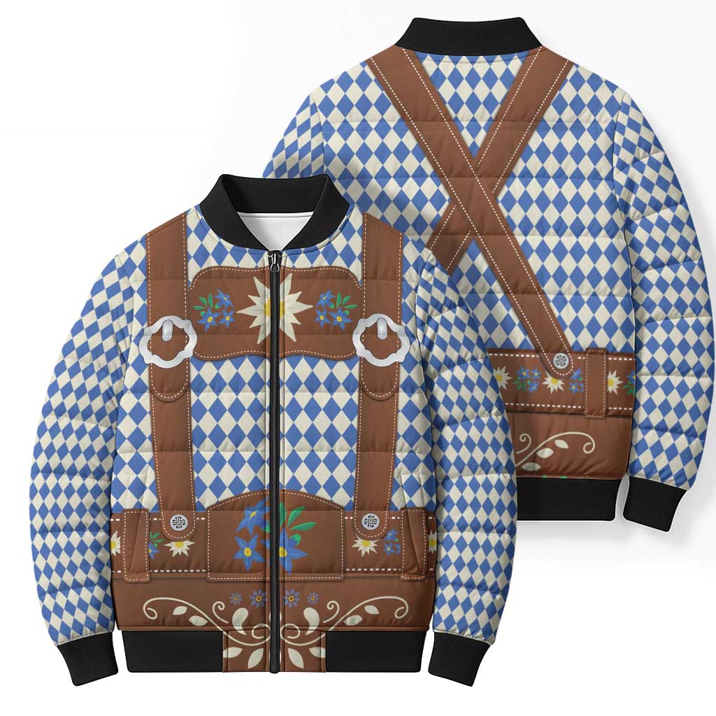 Lederhosen Oktoberfest Bomber Puffer Jacket Blue Edelweiss Floral Polka Dots - Wonder Print Shop