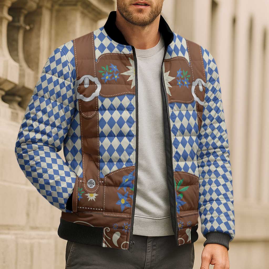 Lederhosen Oktoberfest Bomber Puffer Jacket Blue Edelweiss Floral Polka Dots - Wonder Print Shop
