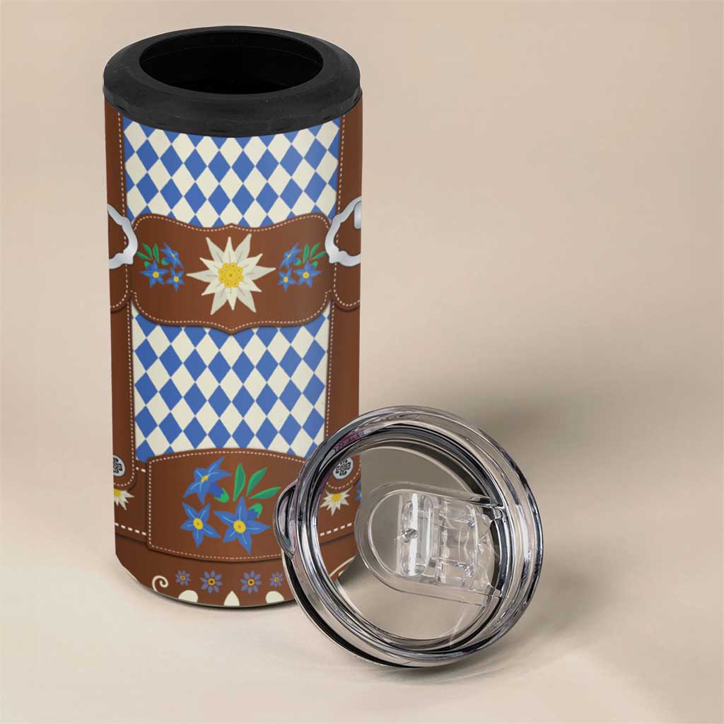 Lederhosen Oktoberfest 4 in 1 Can Cooler Tumbler Blue Edelweiss Floral Polka Dots - Wonder Print Shop