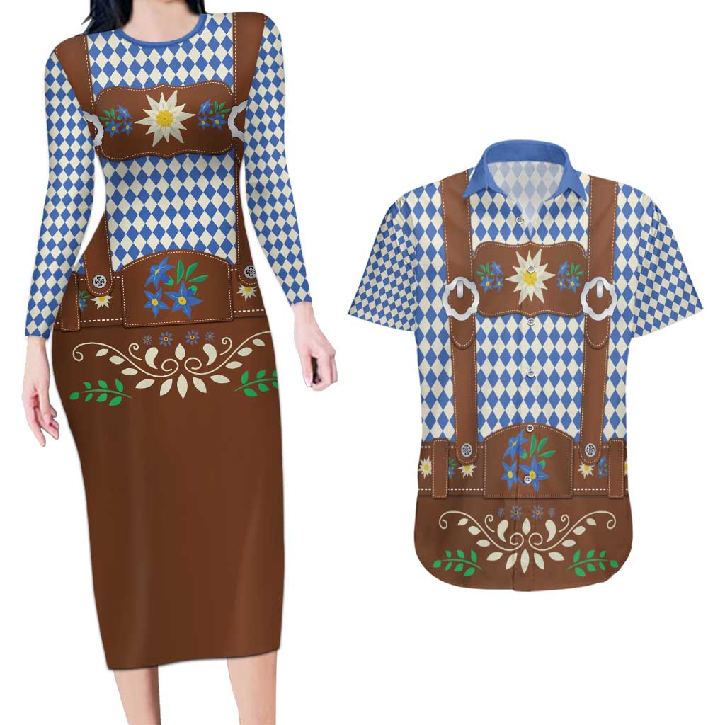 Lederhosen Oktoberfest Couples Matching Long Sleeve Bodycon Dress and Hawaiian Shirt Blue Edelweiss Floral Polka Dots - Wonder Print Shop
