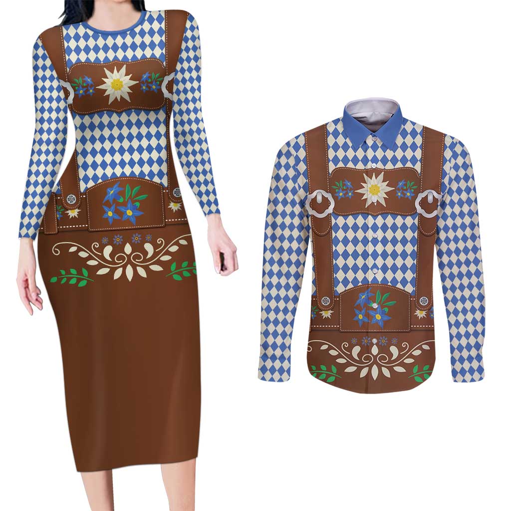 Lederhosen Oktoberfest Couples Matching Long Sleeve Bodycon Dress and Long Sleeve Button Shirt Blue Edelweiss Floral Polka Dots - Wonder Print Shop