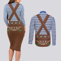 Lederhosen Oktoberfest Couples Matching Long Sleeve Bodycon Dress and Long Sleeve Button Shirt Blue Edelweiss Floral Polka Dots - Wonder Print Shop
