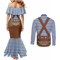 Lederhosen Oktoberfest Couples Matching Mermaid Dress and Long Sleeve Button Shirt Blue Edelweiss Floral Polka Dots - Wonder Print Shop