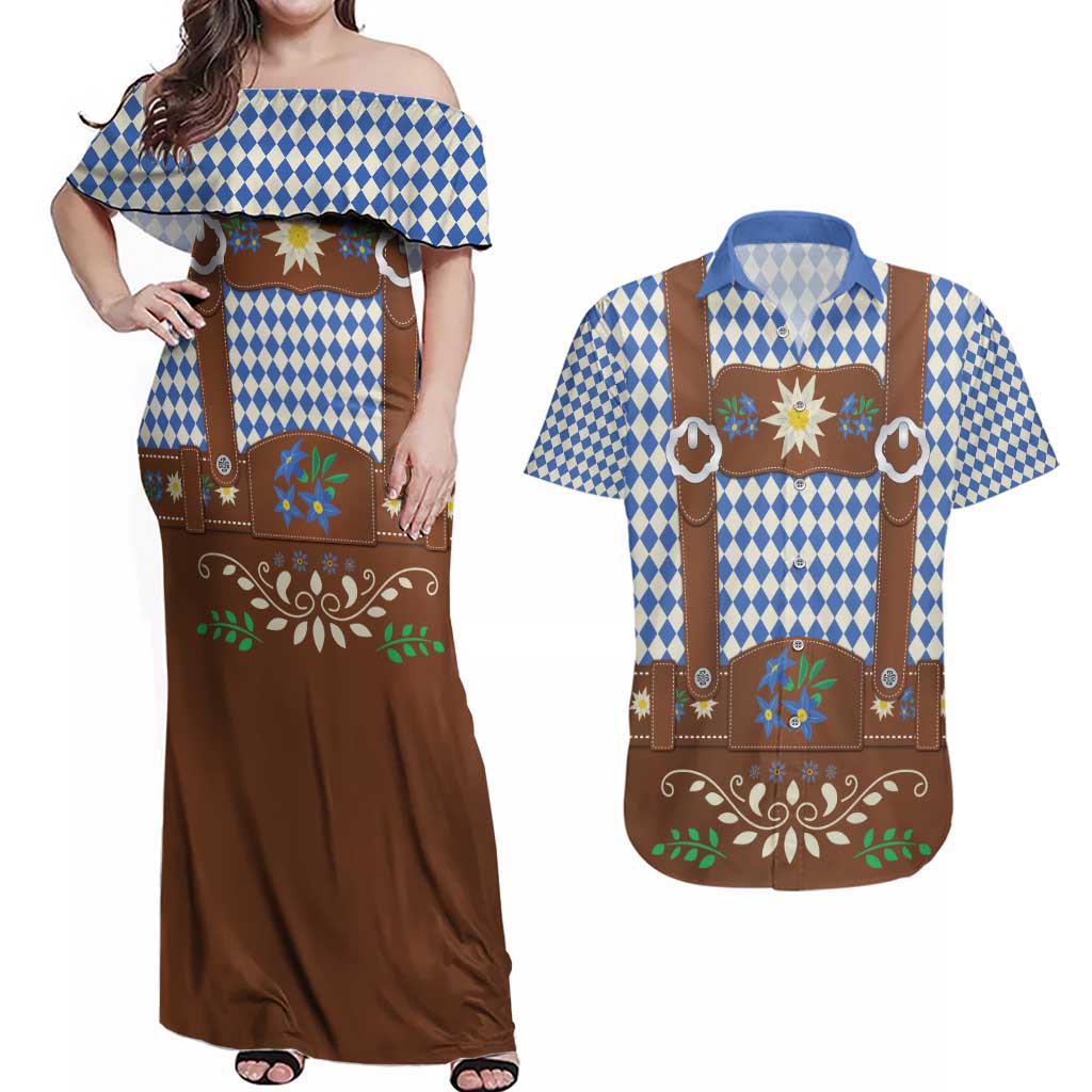 Lederhosen Oktoberfest Couples Matching Off Shoulder Maxi Dress and Hawaiian Shirt Blue Edelweiss Floral Polka Dots - Wonder Print Shop