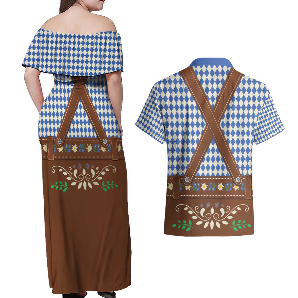 Lederhosen Oktoberfest Couples Matching Off Shoulder Maxi Dress and Hawaiian Shirt Blue Edelweiss Floral Polka Dots - Wonder Print Shop
