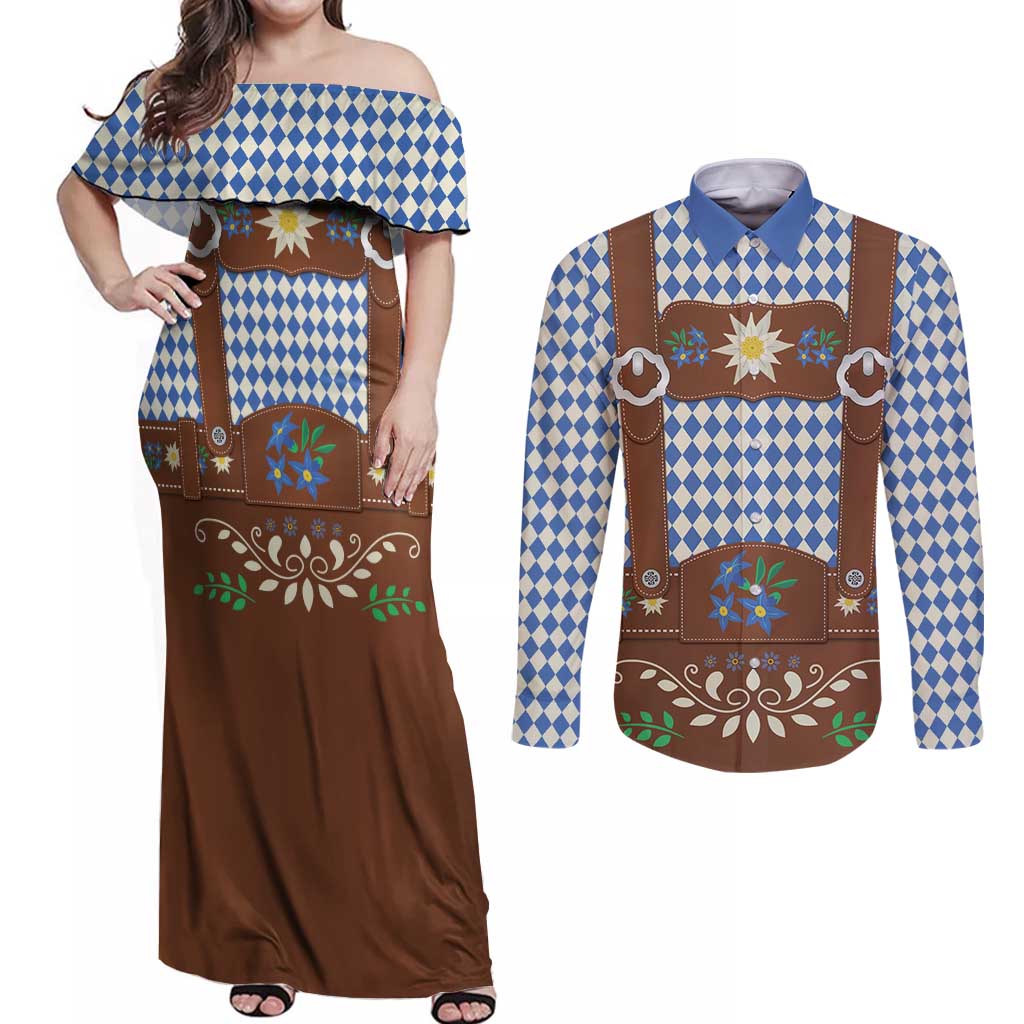 Lederhosen Oktoberfest Couples Matching Off Shoulder Maxi Dress and Long Sleeve Button Shirt Blue Edelweiss Floral Polka Dots - Wonder Print Shop