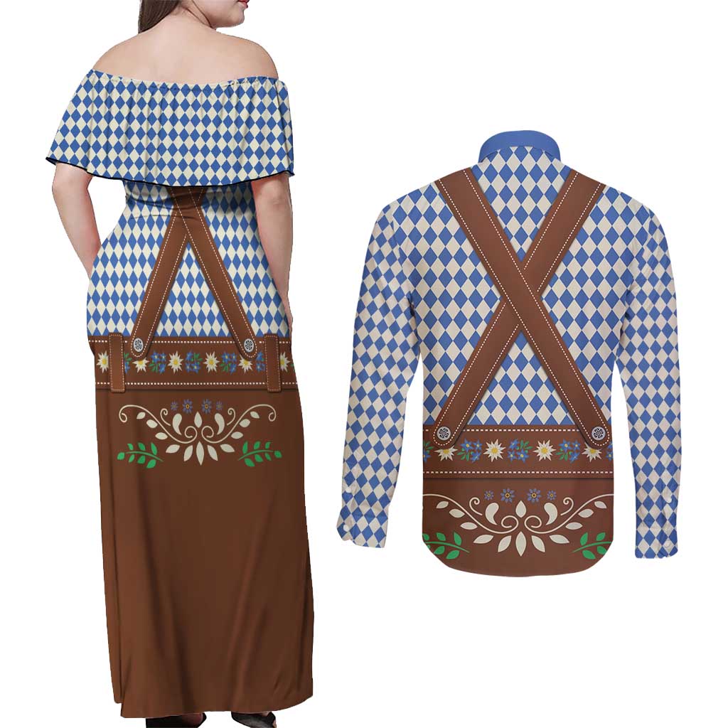 Lederhosen Oktoberfest Couples Matching Off Shoulder Maxi Dress and Long Sleeve Button Shirt Blue Edelweiss Floral Polka Dots - Wonder Print Shop