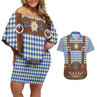 Lederhosen Oktoberfest Couples Matching Off Shoulder Short Dress and Hawaiian Shirt Blue Edelweiss Floral Polka Dots - Wonder Print Shop