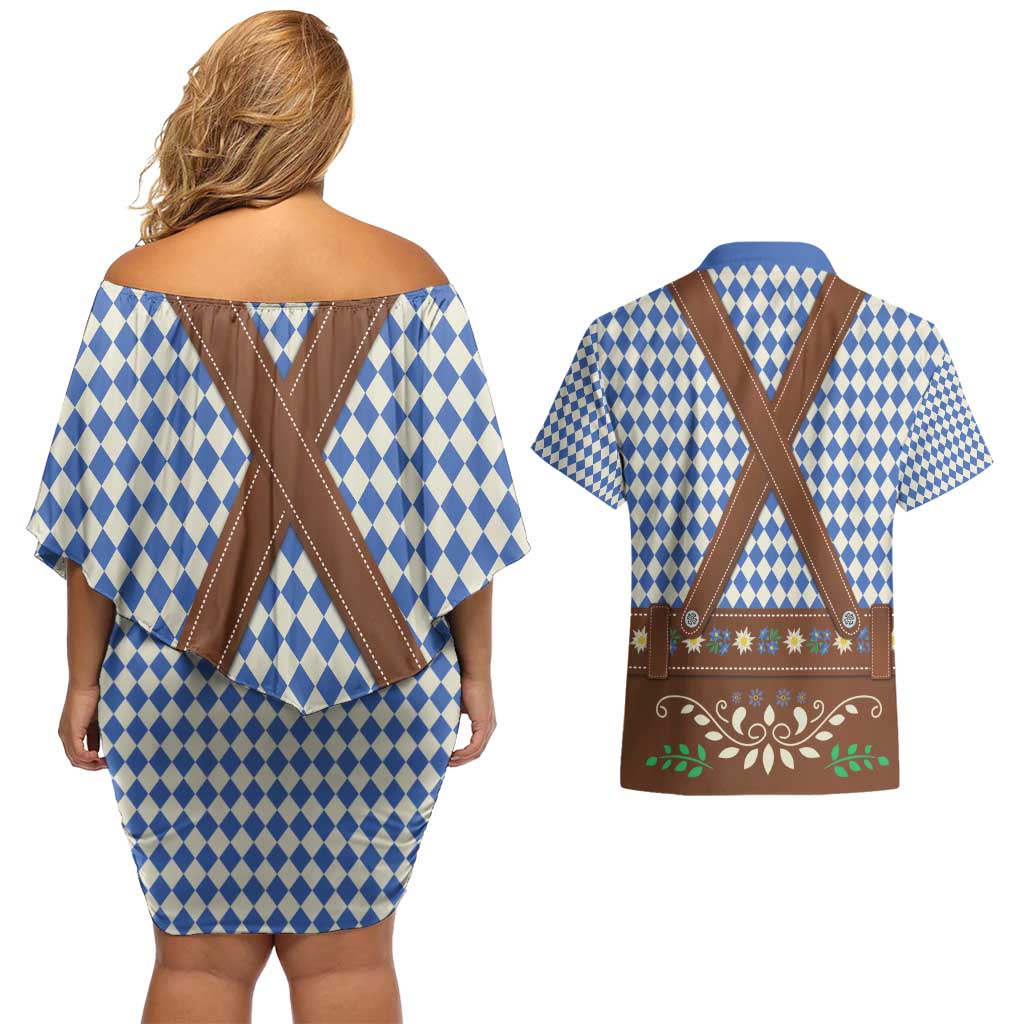 Lederhosen Oktoberfest Couples Matching Off Shoulder Short Dress and Hawaiian Shirt Blue Edelweiss Floral Polka Dots - Wonder Print Shop
