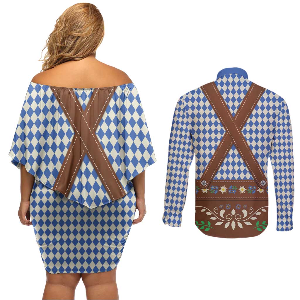 Lederhosen Oktoberfest Couples Matching Off Shoulder Short Dress and Long Sleeve Button Shirt Blue Edelweiss Floral Polka Dots - Wonder Print Shop