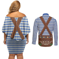 Lederhosen Oktoberfest Couples Matching Off Shoulder Short Dress and Long Sleeve Button Shirt Blue Edelweiss Floral Polka Dots - Wonder Print Shop