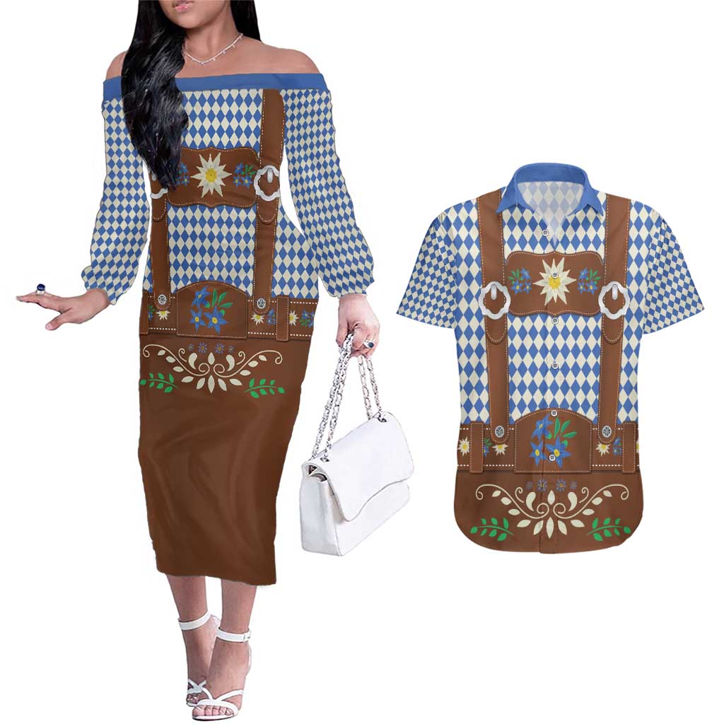 Lederhosen Oktoberfest Couples Matching Off The Shoulder Long Sleeve Dress and Hawaiian Shirt Blue Edelweiss Floral Polka Dots - Wonder Print Shop