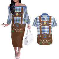 Lederhosen Oktoberfest Couples Matching Off The Shoulder Long Sleeve Dress and Hawaiian Shirt Blue Edelweiss Floral Polka Dots - Wonder Print Shop