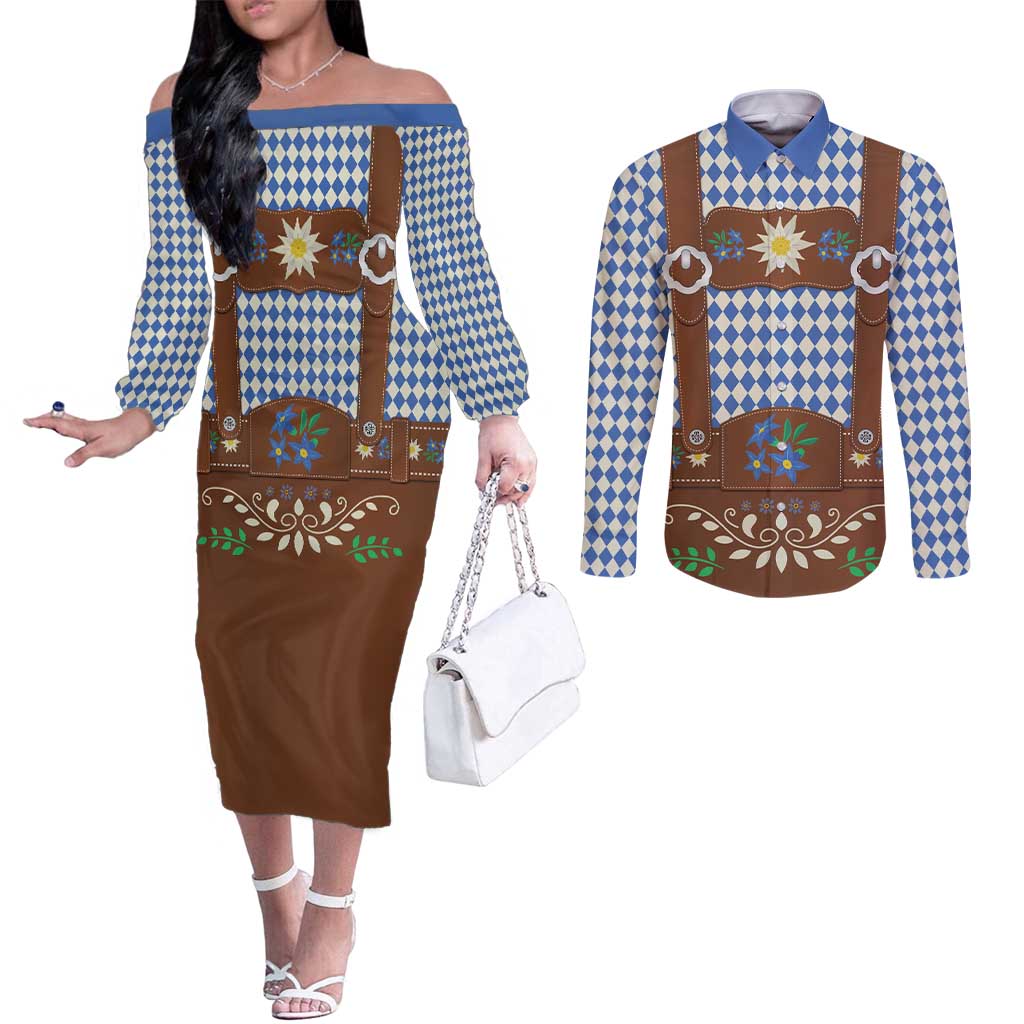 Lederhosen Oktoberfest Couples Matching Off The Shoulder Long Sleeve Dress and Long Sleeve Button Shirt Blue Edelweiss Floral Polka Dots - Wonder Print Shop