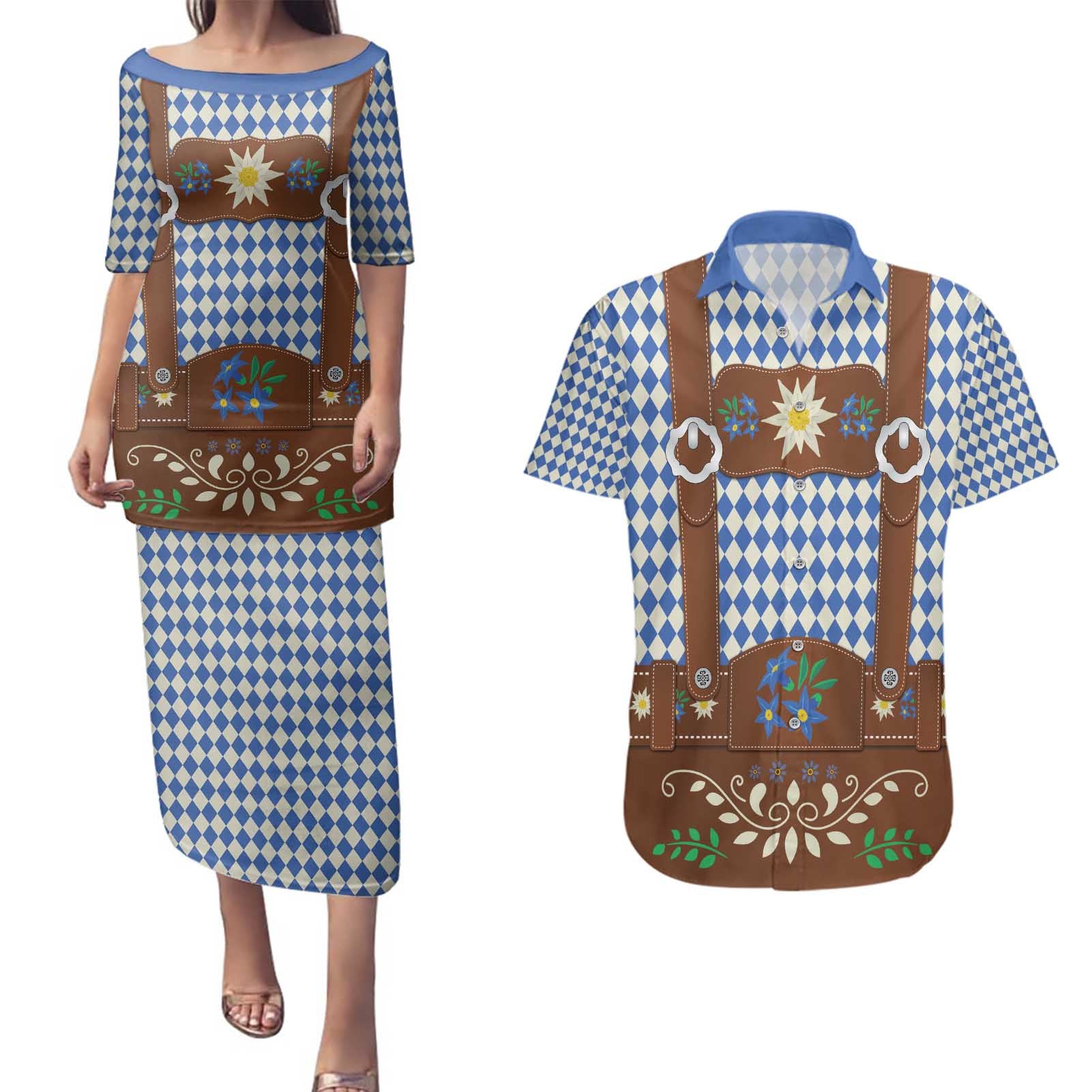 Lederhosen Oktoberfest Couples Matching Puletasi and Hawaiian Shirt Blue Edelweiss Floral Polka Dots - Wonder Print Shop