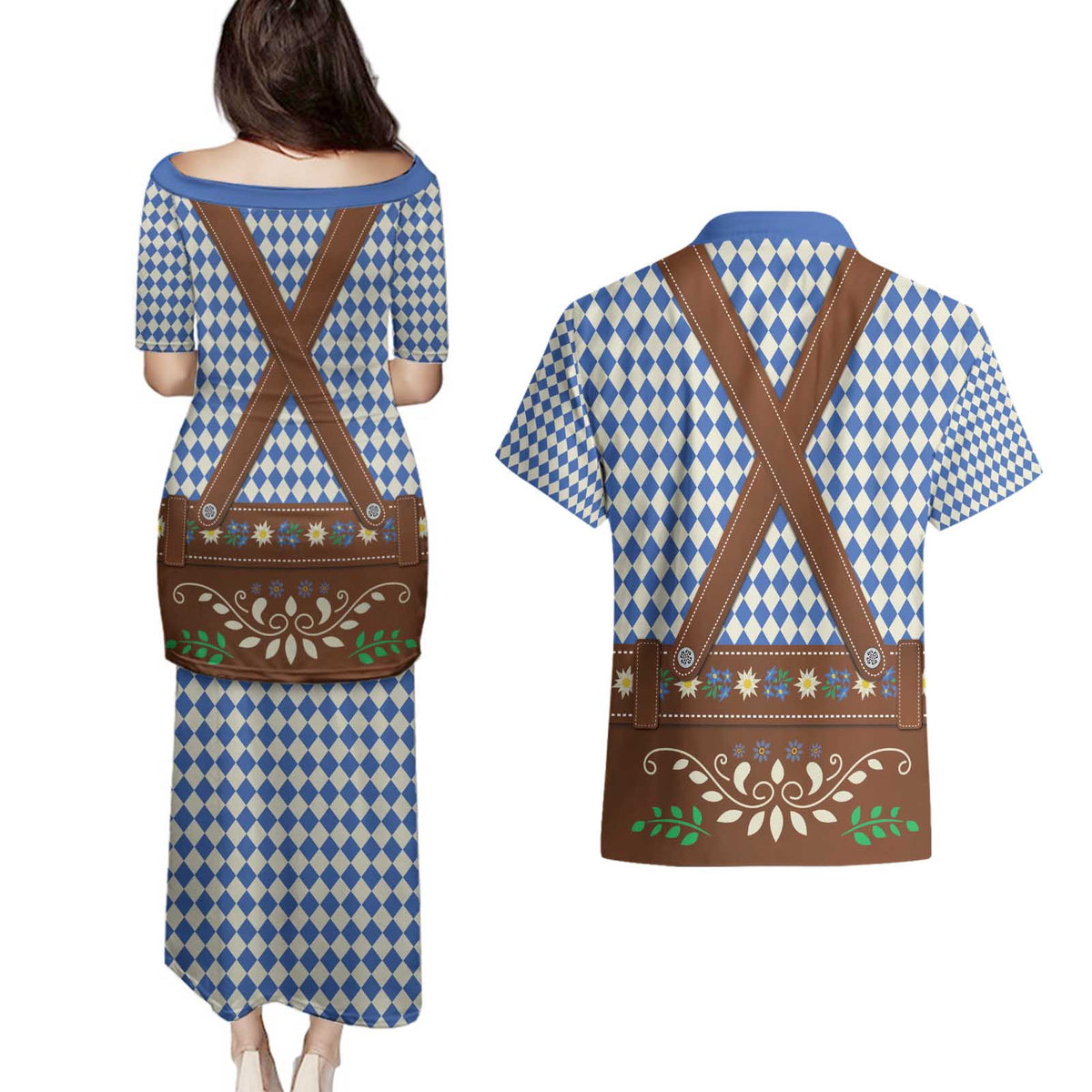 Lederhosen Oktoberfest Couples Matching Puletasi and Hawaiian Shirt Blue Edelweiss Floral Polka Dots - Wonder Print Shop