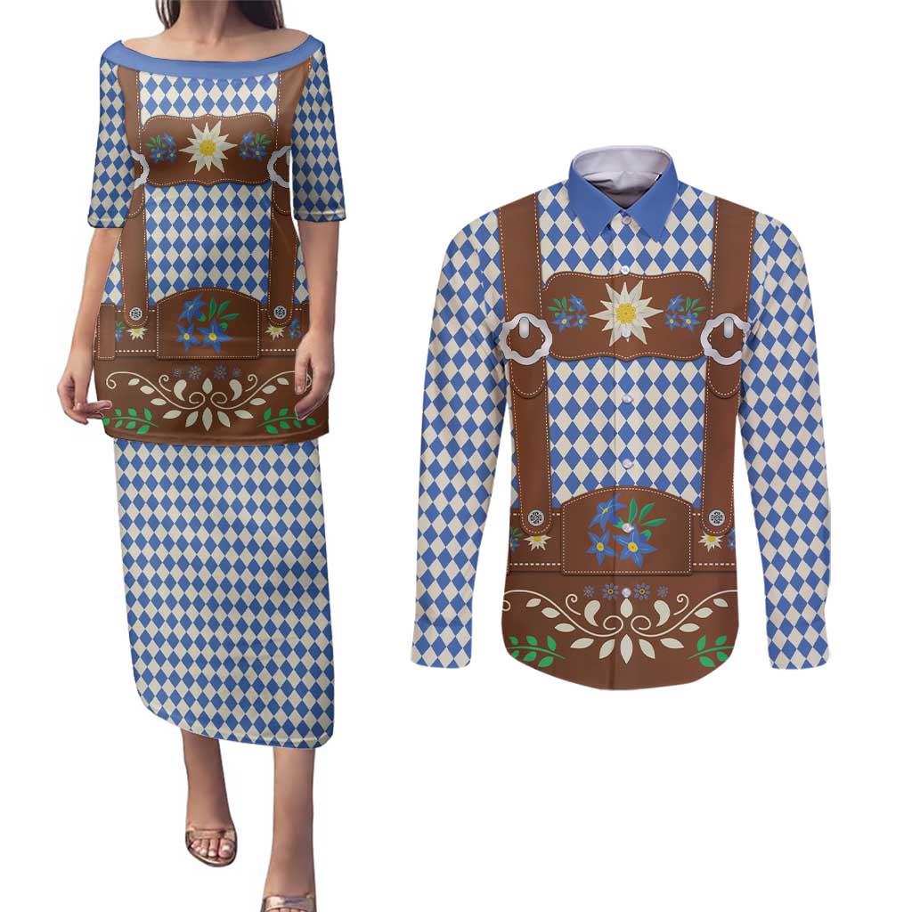 Lederhosen Oktoberfest Couples Matching Puletasi and Long Sleeve Button Shirt Blue Edelweiss Floral Polka Dots - Wonder Print Shop