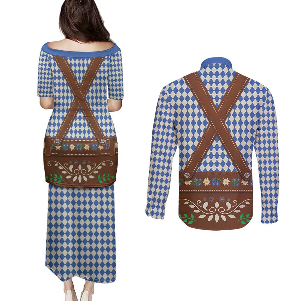 Lederhosen Oktoberfest Couples Matching Puletasi and Long Sleeve Button Shirt Blue Edelweiss Floral Polka Dots - Wonder Print Shop