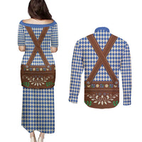 Lederhosen Oktoberfest Couples Matching Puletasi and Long Sleeve Button Shirt Blue Edelweiss Floral Polka Dots - Wonder Print Shop