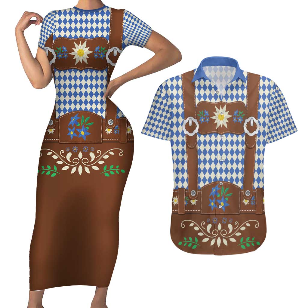 Lederhosen Oktoberfest Couples Matching Short Sleeve Bodycon Dress and Hawaiian Shirt Blue Edelweiss Floral Polka Dots - Wonder Print Shop