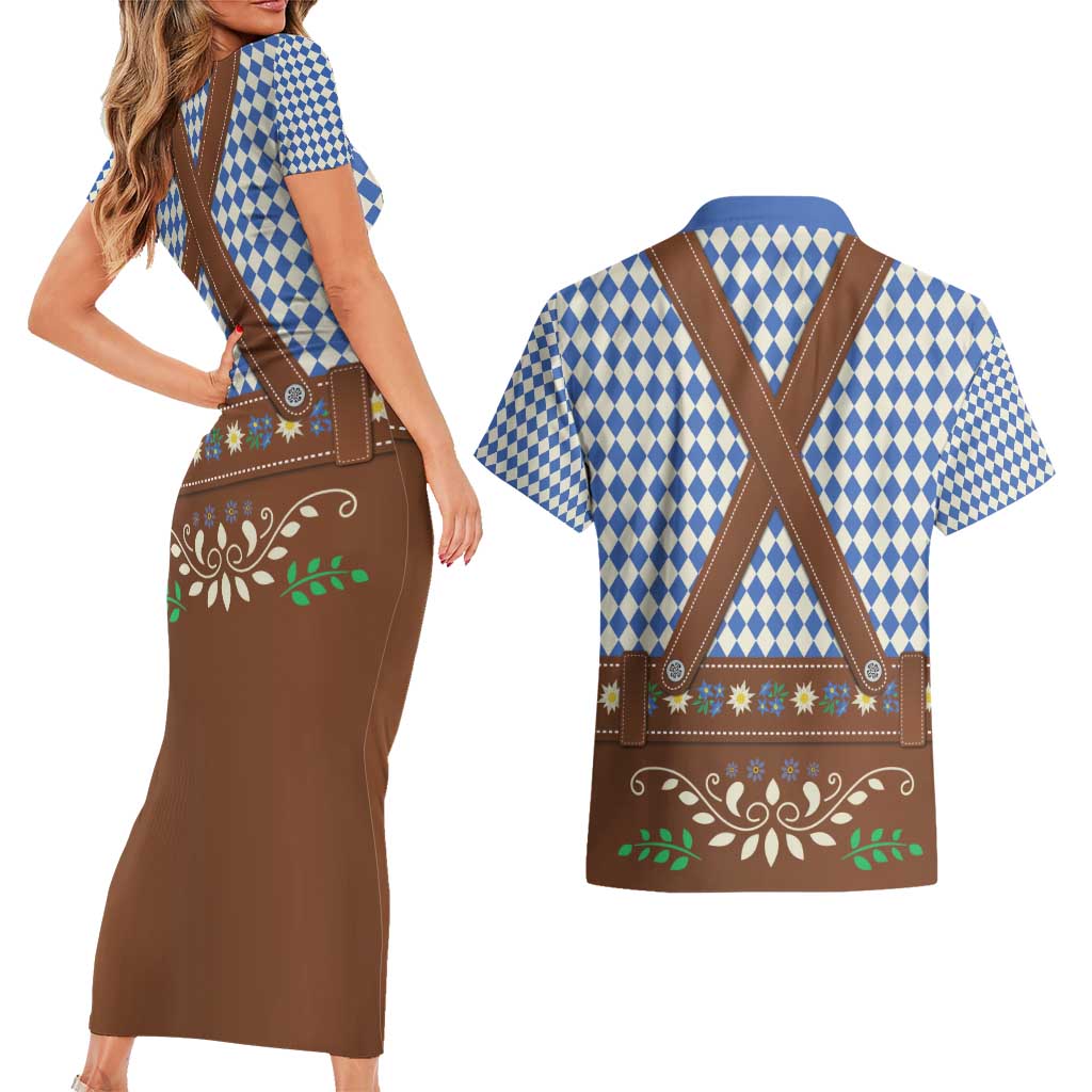 Lederhosen Oktoberfest Couples Matching Short Sleeve Bodycon Dress and Hawaiian Shirt Blue Edelweiss Floral Polka Dots - Wonder Print Shop