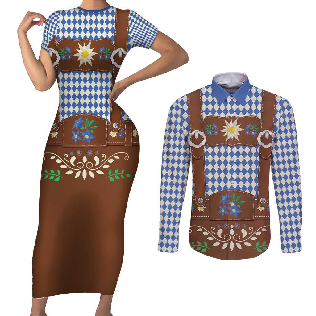 Lederhosen Oktoberfest Couples Matching Short Sleeve Bodycon Dress and Long Sleeve Button Shirt Blue Edelweiss Floral Polka Dots - Wonder Print Shop