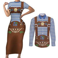 Lederhosen Oktoberfest Couples Matching Short Sleeve Bodycon Dress and Long Sleeve Button Shirt Blue Edelweiss Floral Polka Dots - Wonder Print Shop