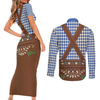 Lederhosen Oktoberfest Couples Matching Short Sleeve Bodycon Dress and Long Sleeve Button Shirt Blue Edelweiss Floral Polka Dots - Wonder Print Shop