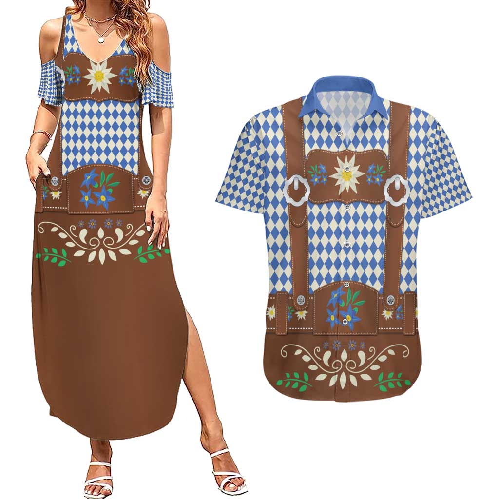 Lederhosen Oktoberfest Couples Matching Summer Maxi Dress and Hawaiian Shirt Blue Edelweiss Floral Polka Dots - Wonder Print Shop