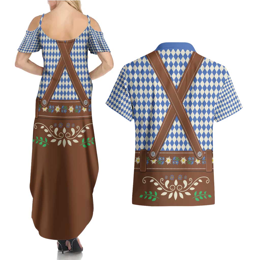 Lederhosen Oktoberfest Couples Matching Summer Maxi Dress and Hawaiian Shirt Blue Edelweiss Floral Polka Dots - Wonder Print Shop
