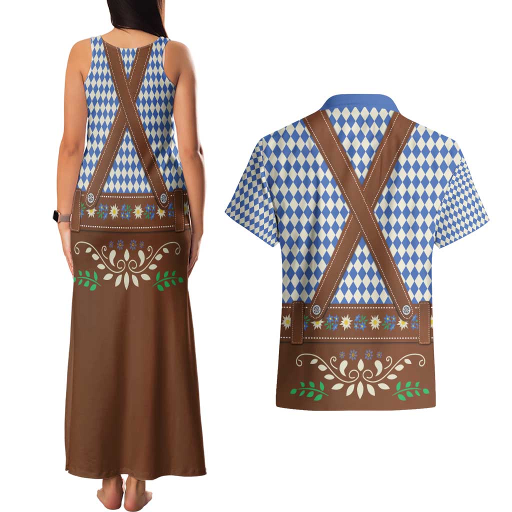 Lederhosen Oktoberfest Couples Matching Tank Maxi Dress and Hawaiian Shirt Blue Edelweiss Floral Polka Dots - Wonder Print Shop
