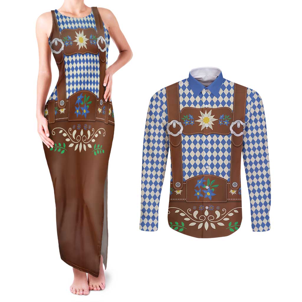 Lederhosen Oktoberfest Couples Matching Tank Maxi Dress and Long Sleeve Button Shirt Blue Edelweiss Floral Polka Dots - Wonder Print Shop