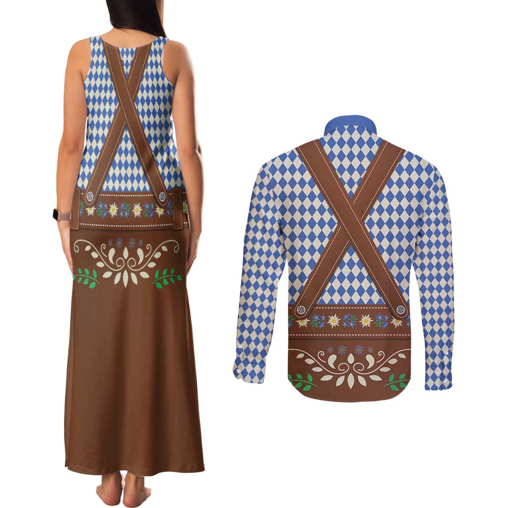 Lederhosen Oktoberfest Couples Matching Tank Maxi Dress and Long Sleeve Button Shirt Blue Edelweiss Floral Polka Dots - Wonder Print Shop