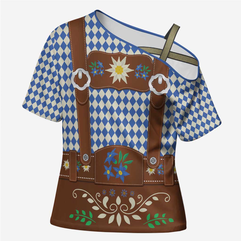 Lederhosen Oktoberfest Cross Shoulder Shirt Blue Edelweiss Floral Polka Dots - Wonder Print Shop