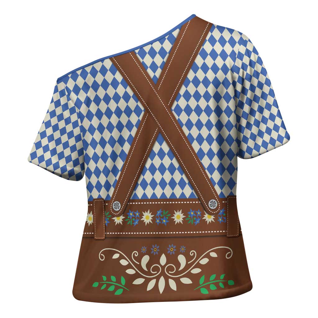 Lederhosen Oktoberfest Cross Shoulder Shirt Blue Edelweiss Floral Polka Dots - Wonder Print Shop