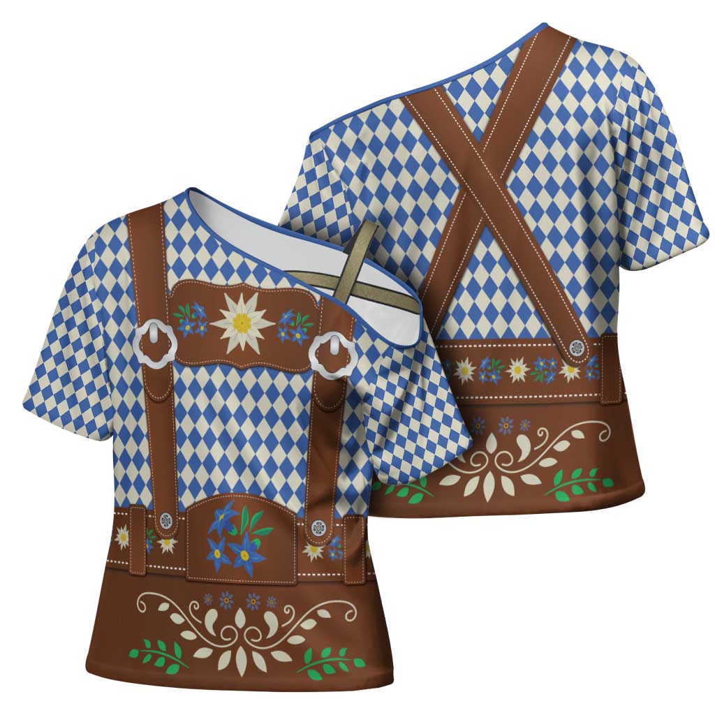 Lederhosen Oktoberfest Cross Shoulder Shirt Blue Edelweiss Floral Polka Dots - Wonder Print Shop