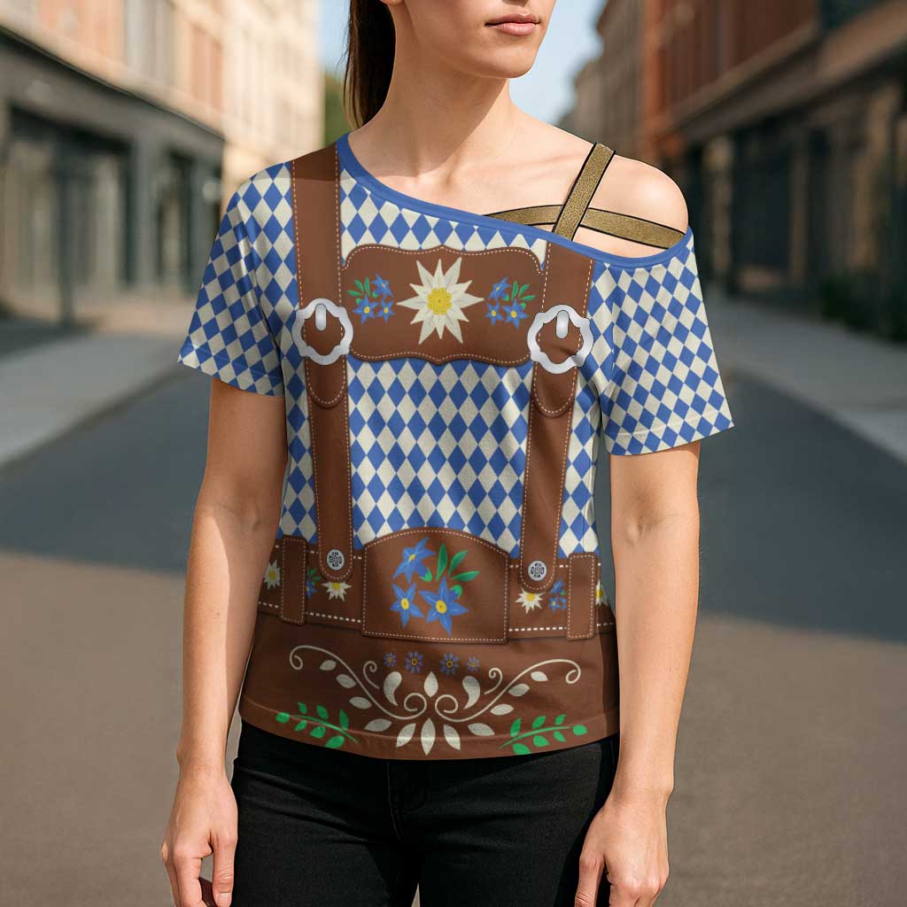 Lederhosen Oktoberfest Cross Shoulder Shirt Blue Edelweiss Floral Polka Dots - Wonder Print Shop