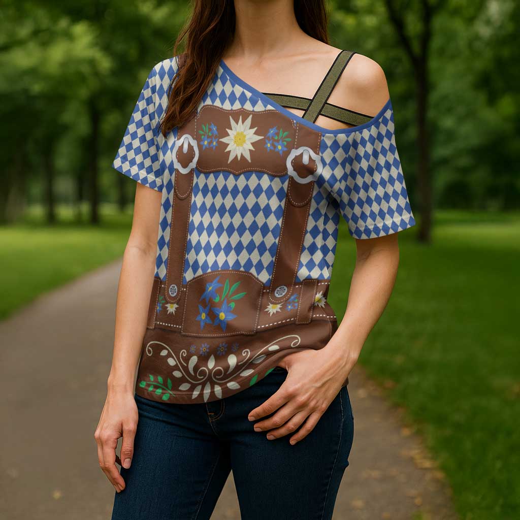 Lederhosen Oktoberfest Cross Shoulder Shirt Blue Edelweiss Floral Polka Dots - Wonder Print Shop