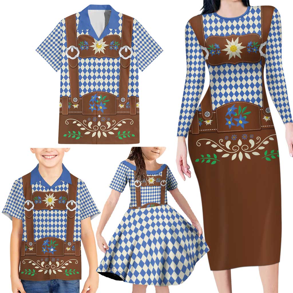 Lederhosen Oktoberfest Family Matching Long Sleeve Bodycon Dress and Hawaiian Shirt Blue Edelweiss Floral Polka Dots - Wonder Print Shop