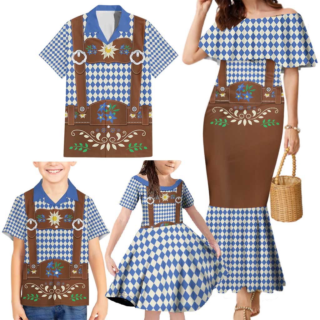 Lederhosen Oktoberfest Family Matching Mermaid Dress and Hawaiian Shirt Blue Edelweiss Floral Polka Dots - Wonder Print Shop