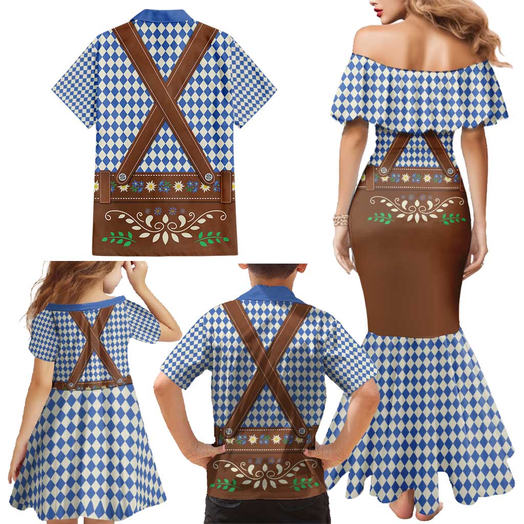 Lederhosen Oktoberfest Family Matching Mermaid Dress and Hawaiian Shirt Blue Edelweiss Floral Polka Dots - Wonder Print Shop