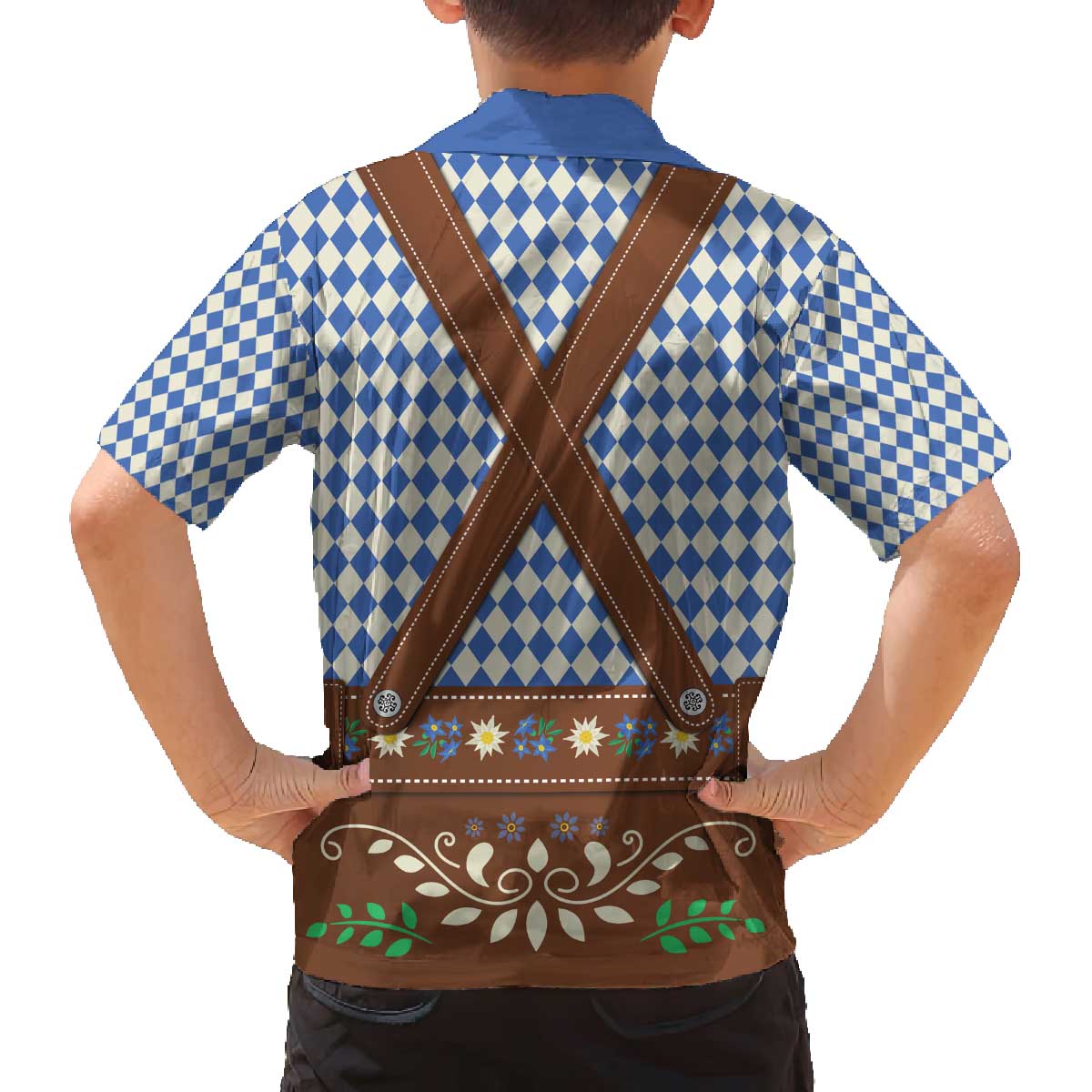 Lederhosen Oktoberfest Family Matching Off The Shoulder Long Sleeve Dress and Hawaiian Shirt Blue Edelweiss Floral Polka Dots - Wonder Print Shop