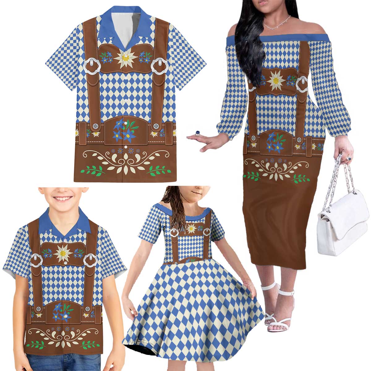 Lederhosen Oktoberfest Family Matching Off The Shoulder Long Sleeve Dress and Hawaiian Shirt Blue Edelweiss Floral Polka Dots - Wonder Print Shop