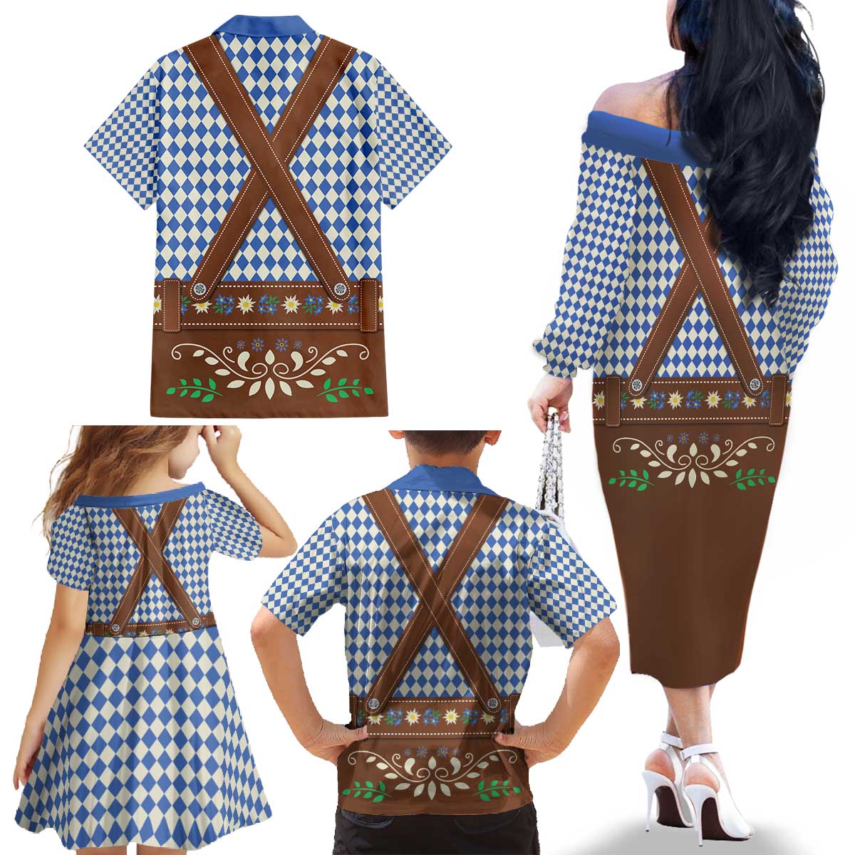 Lederhosen Oktoberfest Family Matching Off The Shoulder Long Sleeve Dress and Hawaiian Shirt Blue Edelweiss Floral Polka Dots - Wonder Print Shop