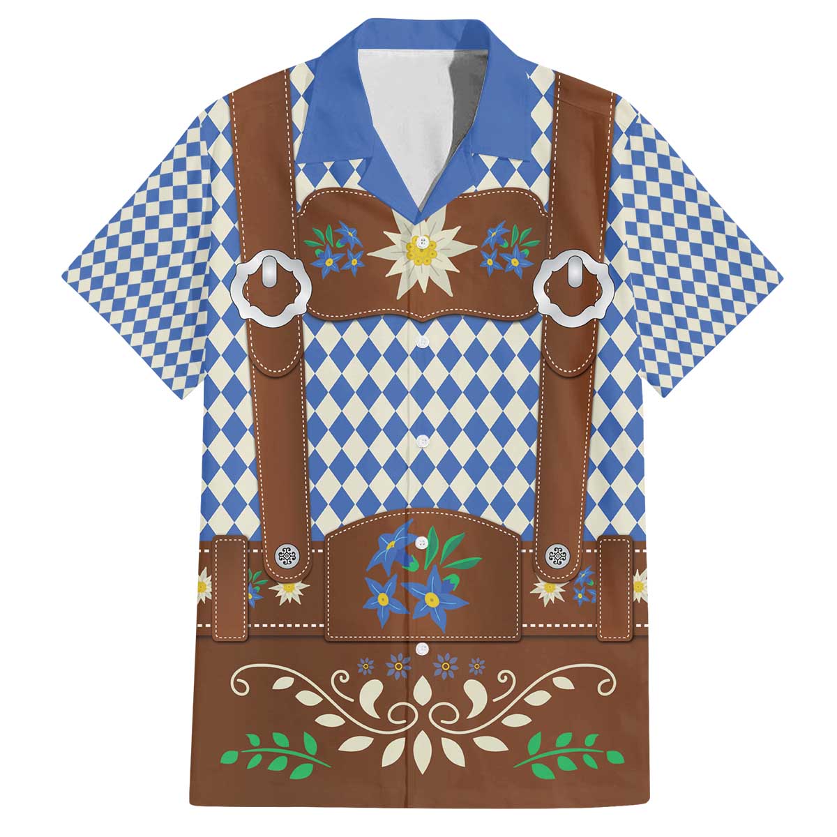 Lederhosen Oktoberfest Family Matching Off The Shoulder Long Sleeve Dress and Hawaiian Shirt Blue Edelweiss Floral Polka Dots - Wonder Print Shop