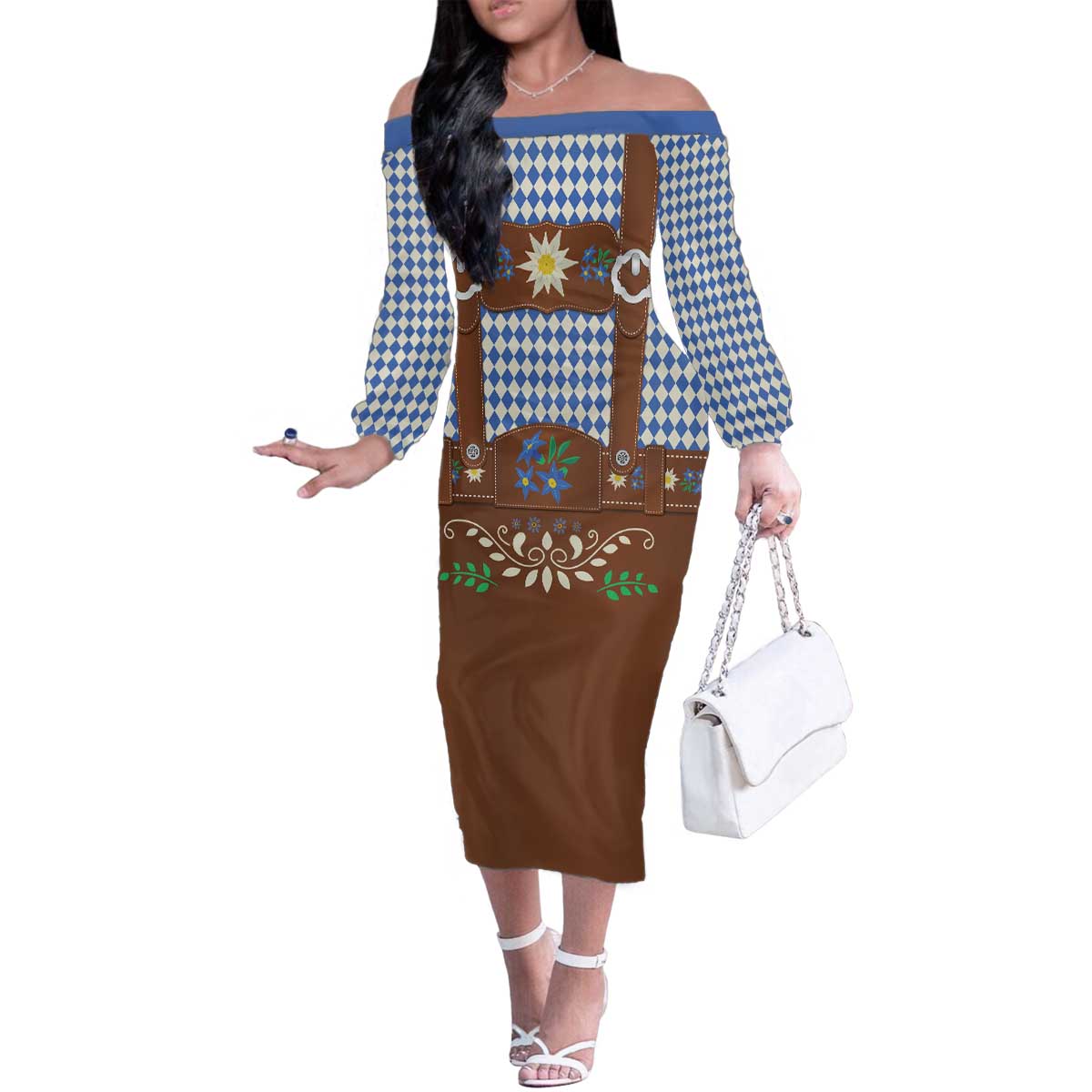 Lederhosen Oktoberfest Family Matching Off The Shoulder Long Sleeve Dress and Hawaiian Shirt Blue Edelweiss Floral Polka Dots - Wonder Print Shop