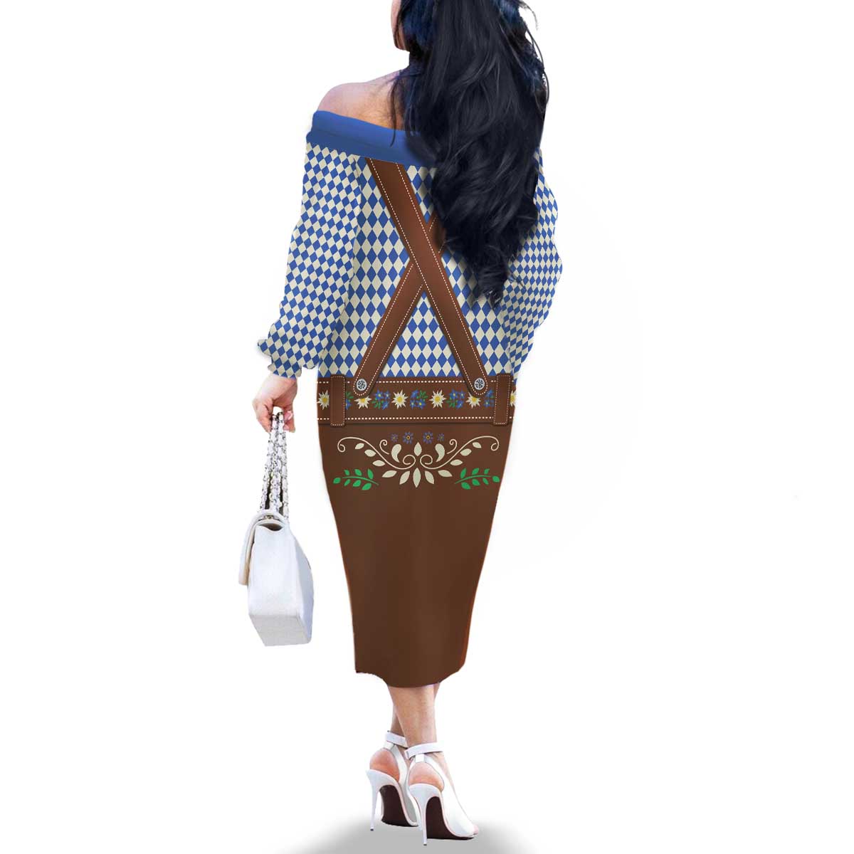 Lederhosen Oktoberfest Family Matching Off The Shoulder Long Sleeve Dress and Hawaiian Shirt Blue Edelweiss Floral Polka Dots - Wonder Print Shop
