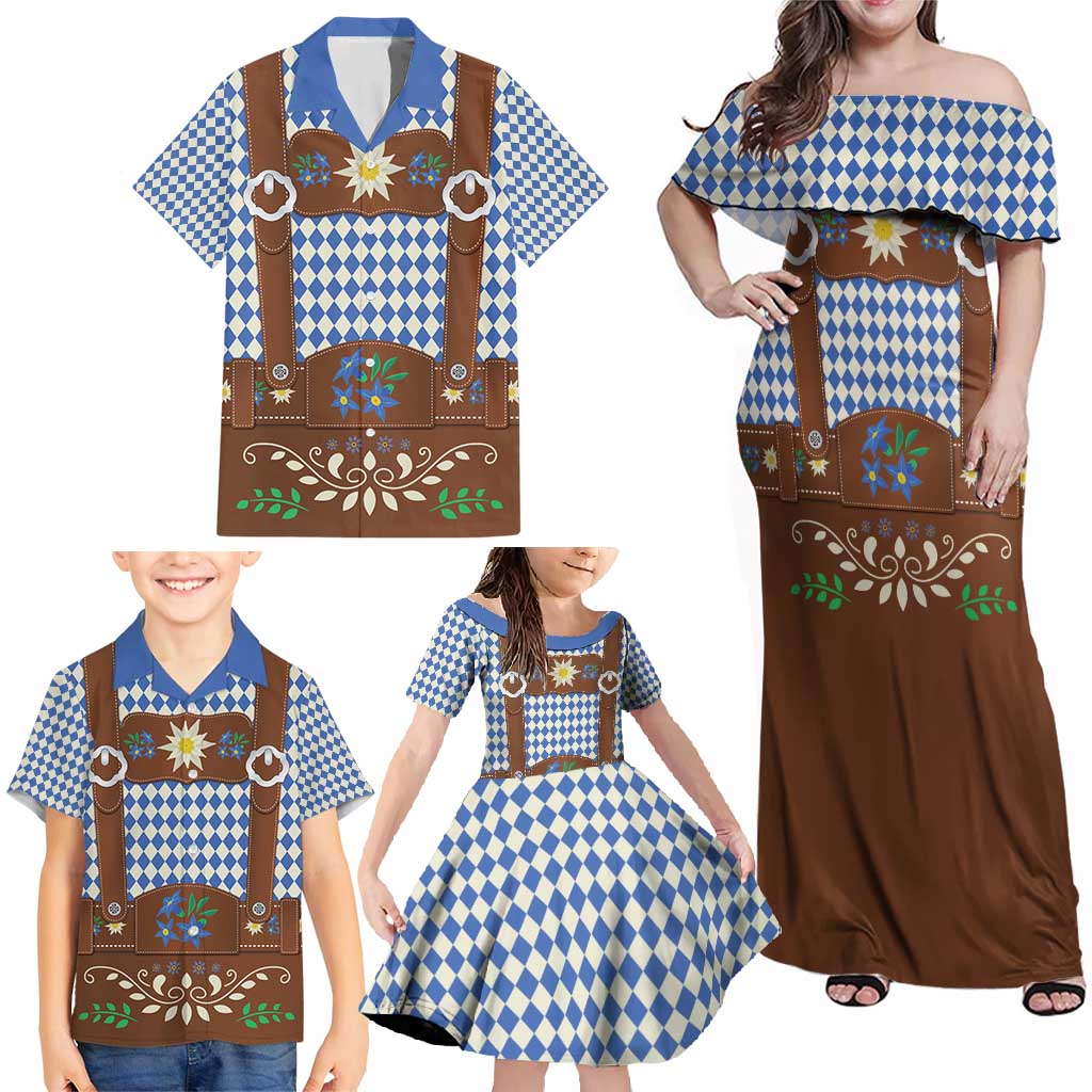 Lederhosen Oktoberfest Family Matching Off Shoulder Maxi Dress and Hawaiian Shirt Blue Edelweiss Floral Polka Dots - Wonder Print Shop