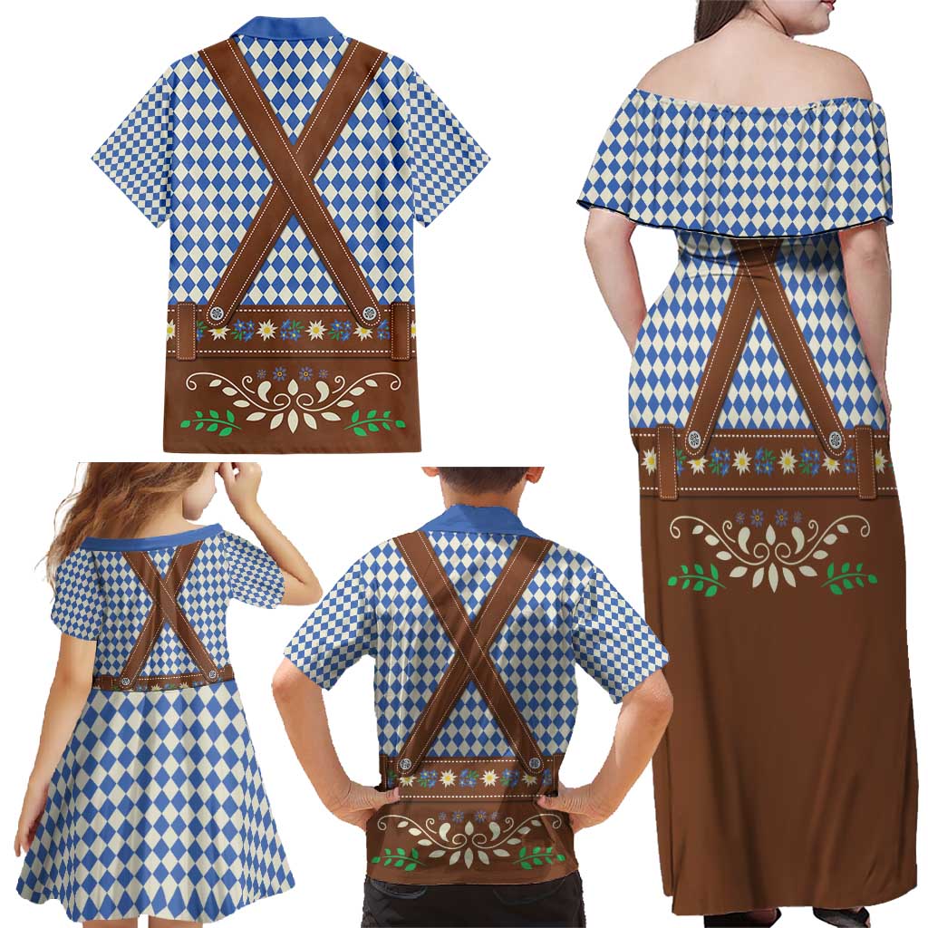 Lederhosen Oktoberfest Family Matching Off Shoulder Maxi Dress and Hawaiian Shirt Blue Edelweiss Floral Polka Dots - Wonder Print Shop