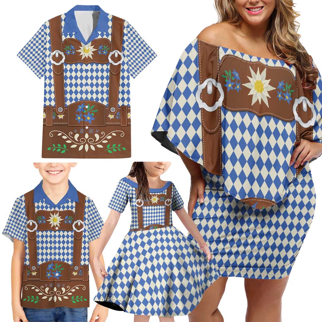 Lederhosen Oktoberfest Family Matching Off Shoulder Short Dress and Hawaiian Shirt Blue Edelweiss Floral Polka Dots - Wonder Print Shop